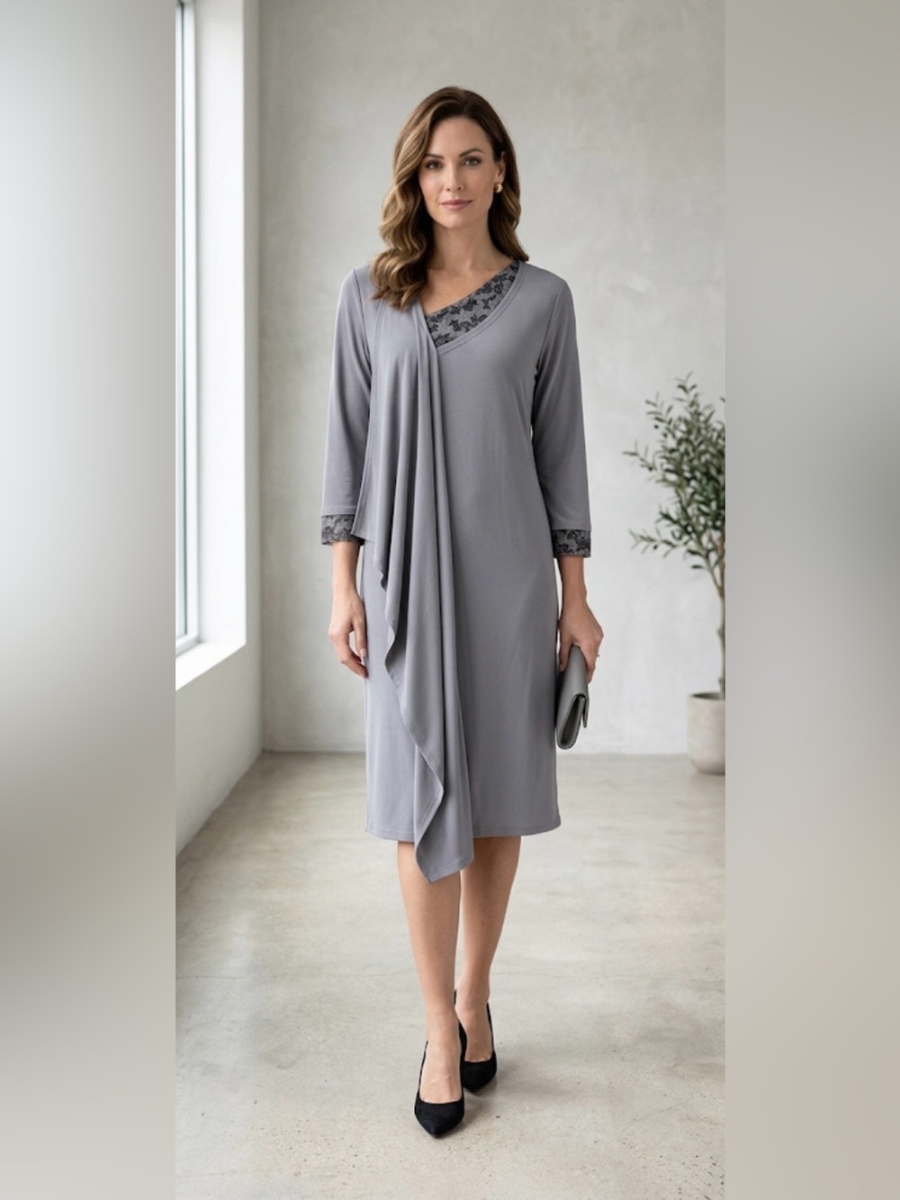 NWT Deux Mille Vingt Six French Grey Blouson Knee-Length Dress Made in France. L